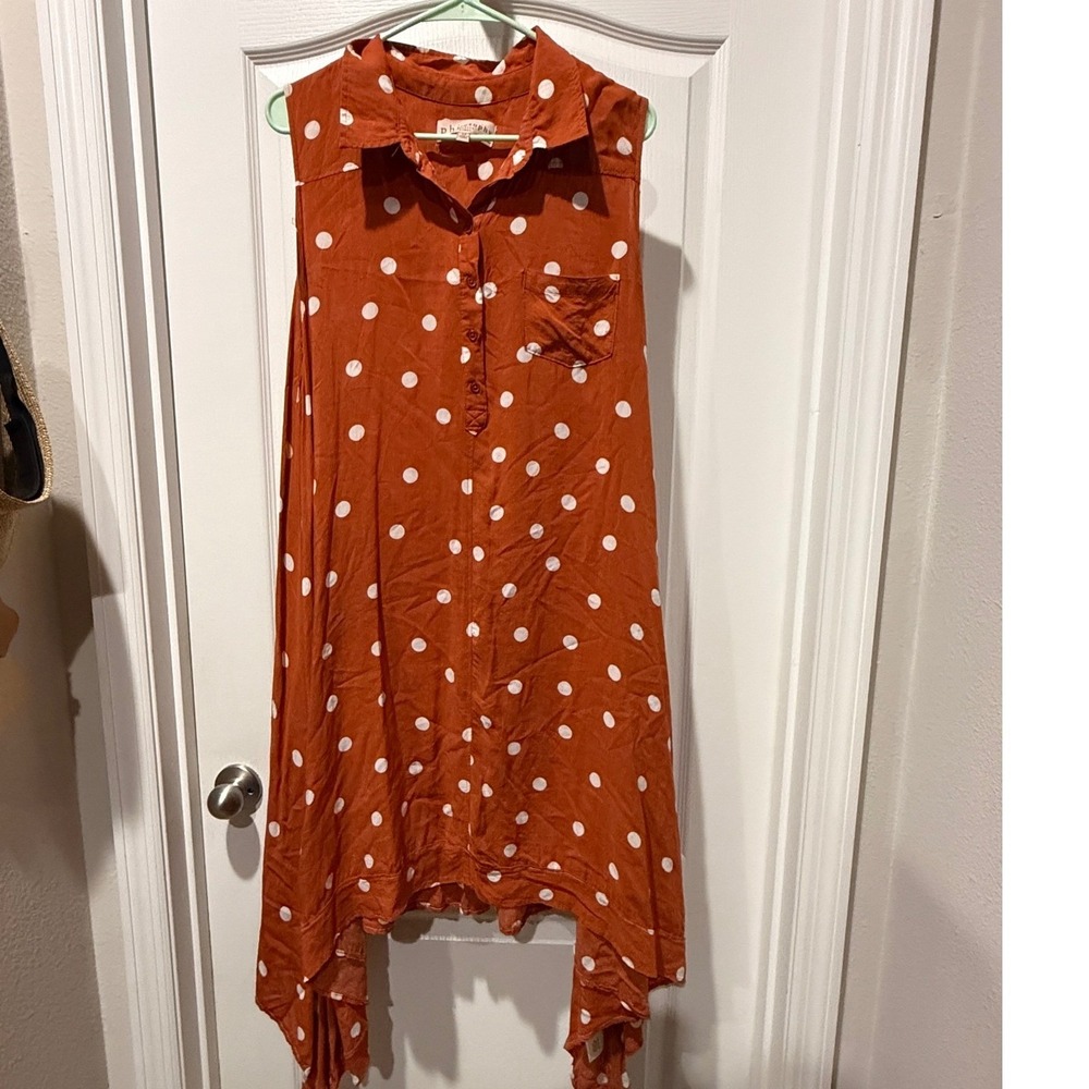 Philosophy Woman Polka Dot Sleeveless Sharkbite Hem Shirt Dress Orange 2X 2369